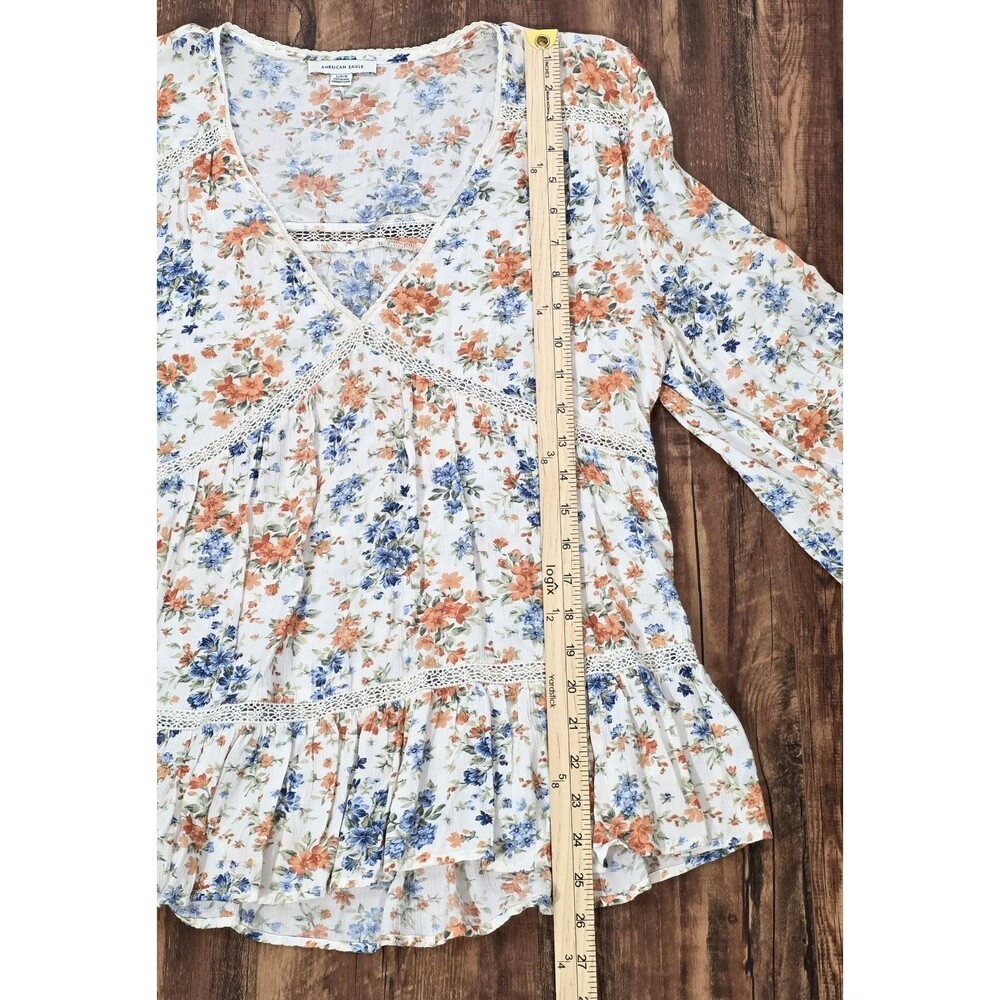 American Eagle Women L Floral Peplum Blouse Lace Cottagecore Prairie Boho Cute - Picture 7 of 12